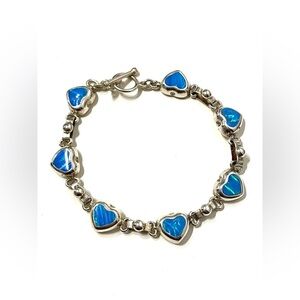 Mexico Silver Opal Inlay Heart Station Bracelet